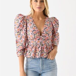 RHODE Pink Floral Puff-Sleeve Peplum Blouse